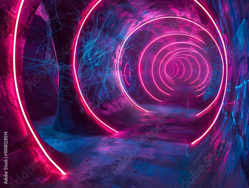 A vibrant tunnel illuminated by glowing neon spirals and bioluminescent threads creates mesmerizing atmosphere.