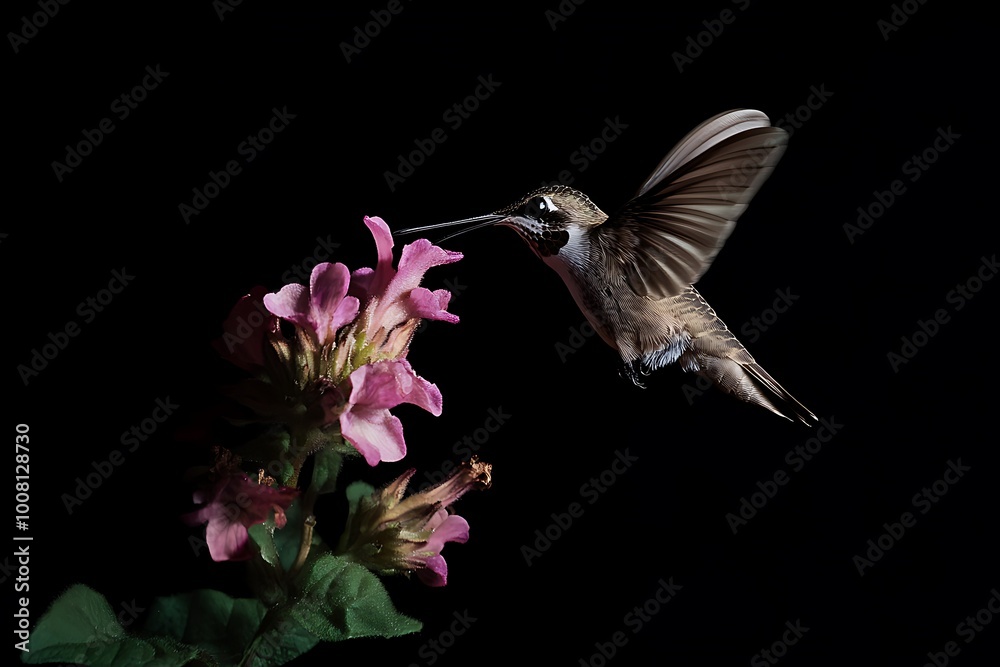 Fototapeta premium Hummingbird in Flight, Feeding on Pink Flowers with a Black Background.