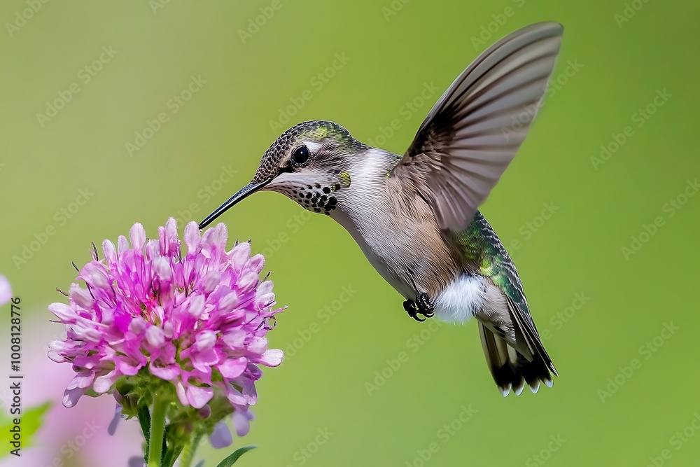 Hummingbird in Flight, Feeding on Clover Flower. Hummingbird in Flight, Feeding on Clover Flower.