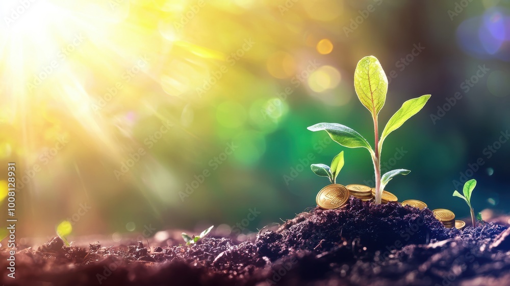 Growth of Investment with Gold Coins and Sprouts