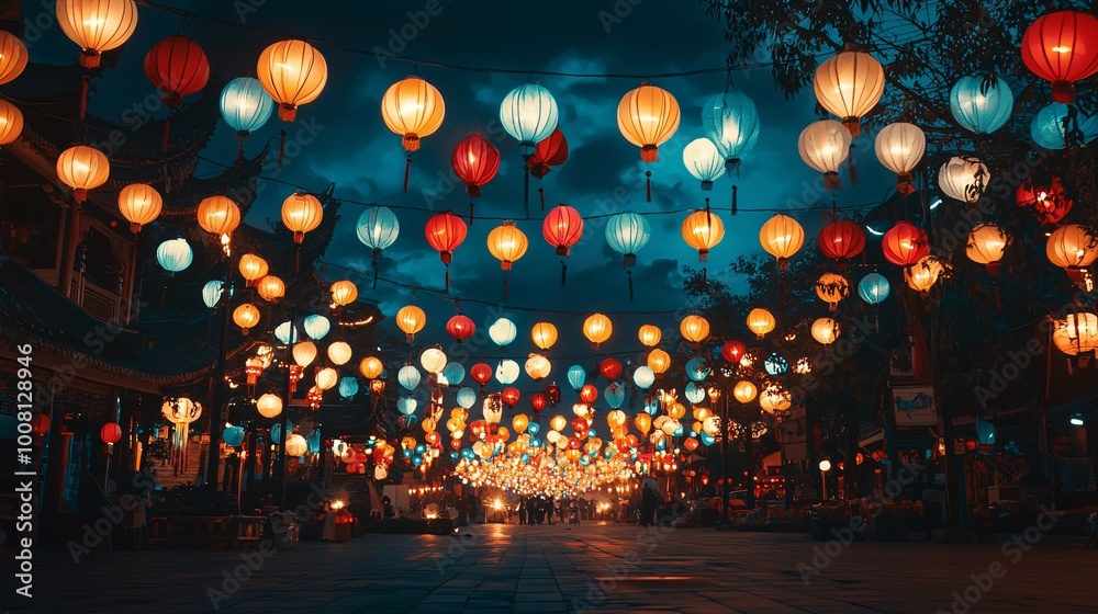 A vibrant festival of lights fills the night sky with colorful lanterns, embodying themes of hope and renewal. A vibrant festival of lights fills the night sky with colorful lanterns, embodying themes of hope and renewal.
