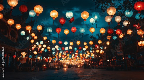 A vibrant festival of lights fills the night sky with colorful lanterns, embodying themes of hope and renewal.