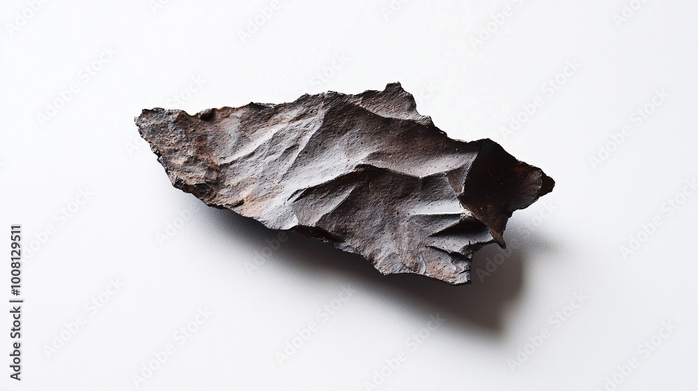 A distinctive fragment rests on a pristine white backdrop, revealing its intriguing textures and cosmic heritage. A distinctive fragment rests on a pristine white backdrop, revealing its intriguing textures and cosmic heritage.