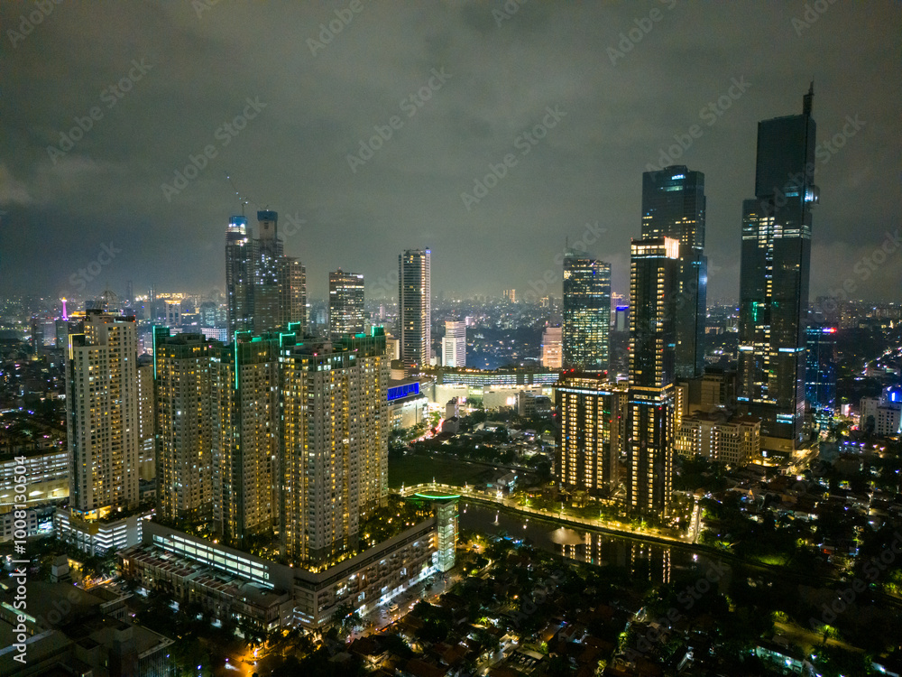 Naklejka premium beautiful jakarta indonesia aerial view drone