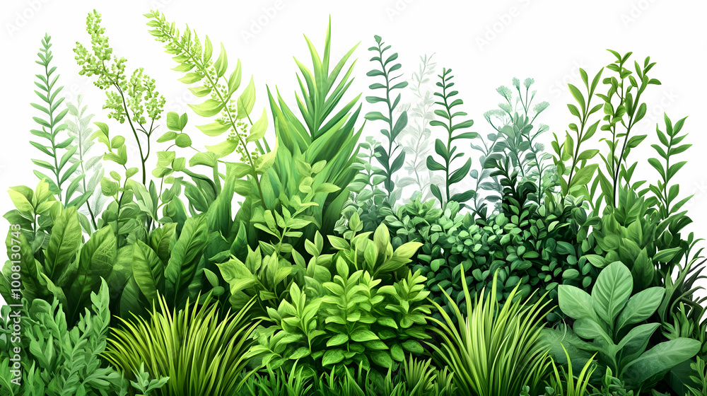 Vibrant Green Foliage Illustration with Lush Leaves and Branches