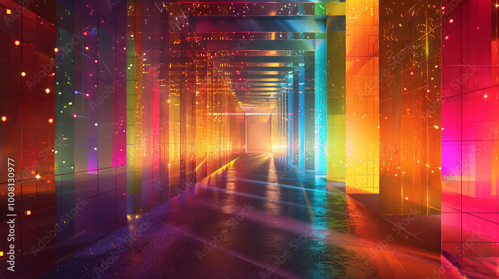 A vibrant abstract tunnel filled with glowing prisms and refracted light creates mesmerizing visual experience. A vibrant abstract tunnel filled with glowing prisms and refracted light creates mesmerizing visual experience.