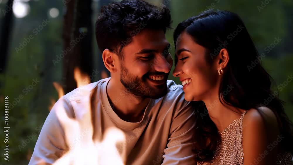 Indian couple in love happy by forest fire Indian couple in love happy by forest fire
