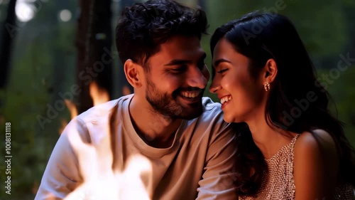 Indian couple in love happy by forest fire