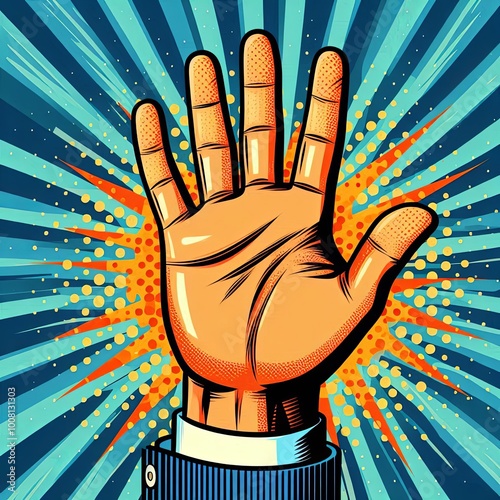 Pop art illustration of an open hand in a business suit with radial burst background. Gesture greeting, farewell, high five and congratulations. Vibrant comic book style