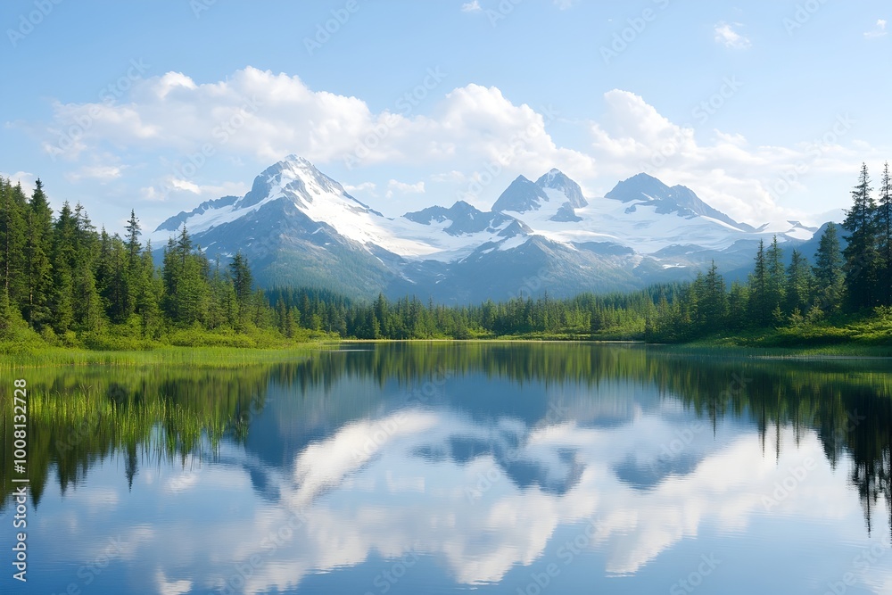 Serene mountain lake at sunrise,with still water reflecting the surrounding snow-capped peaks and lush pine forest. Serene mountain lake at sunrise,with still water reflecting the surrounding snow-capped peaks and lush pine forest.