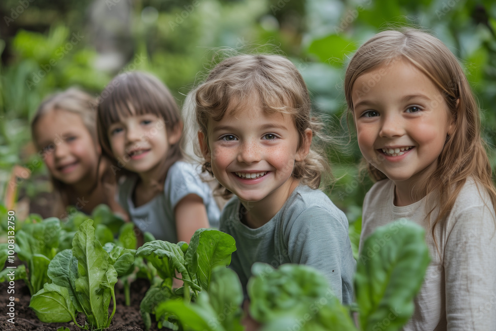 Four happy young girls smiling in a garden, enjoying nature and spending time together, a group of children in a vegetable patch Four happy young girls smiling in a garden, enjoying nature and spending time together, a group of children in a vegetable patch