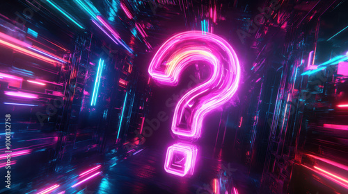 glowing holographic 3D question mark in vibrant neon colors illuminates futuristic digital space, creating sense of curiosity and intrigue