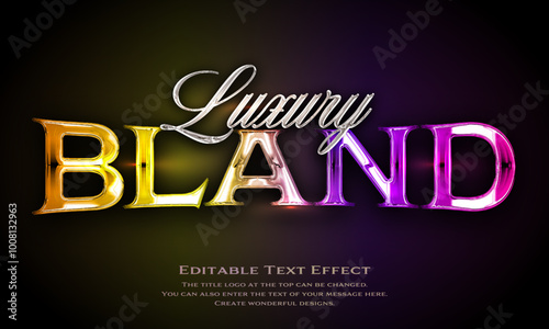 ”Bland Luxury” chrome metallic editable title logo text style effect, with seamless and yellow, purple, pink antique glass holographic background. serif typeface,serif typeface 