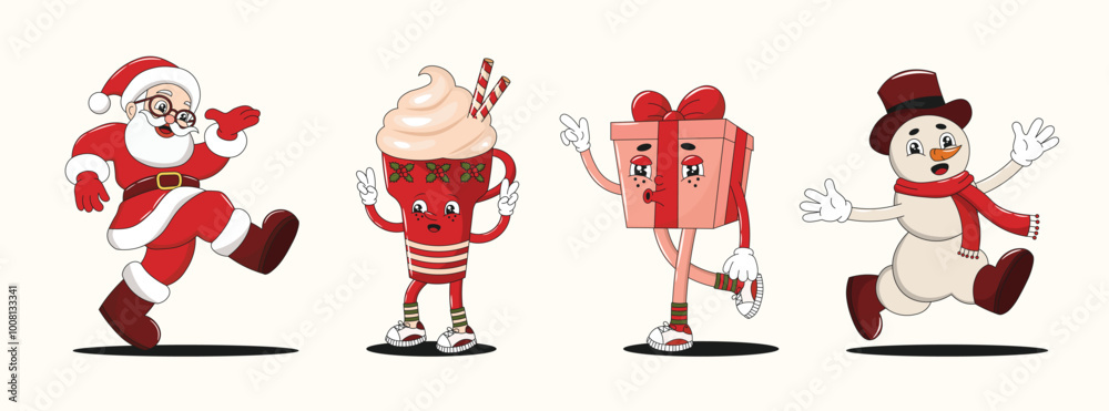 Obraz premium New Year retro groovy Christmas characters or mascots collection, 70s 80s vibe. Santa Claus, Cup or Mug of Coffee, Latte, Frappuccino, Gift Box and Snowman. Vector set, editable stroke.