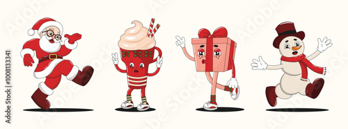 New Year retro groovy Christmas characters or mascots collection, 70s 80s vibe. Santa Claus, Cup or Mug of Coffee, Latte, Frappuccino, Gift Box and Snowman. Vector set, editable stroke.