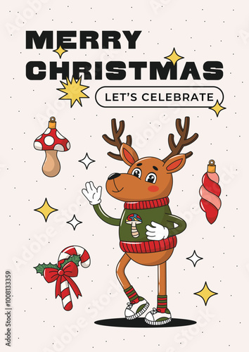 Merry Christmas greeting card with funny snowman groovy character, holly branch and candy. New Year Winter poster. Vector illustration, editable stroke.