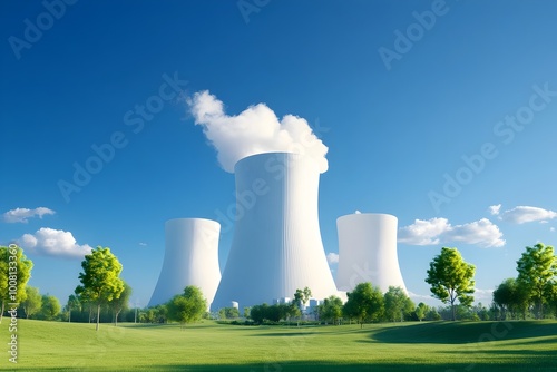 Exterior view of a futuristic nuclear reactor featuring sleek,contemporary architecture designed using the golden The scene integrates green energy symbols and nearby trees.