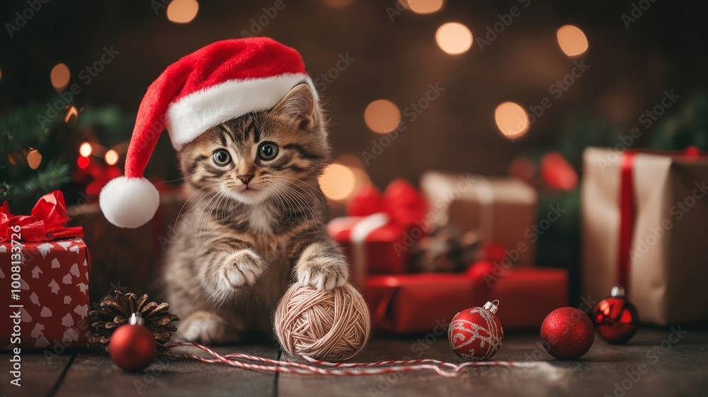 Adorable Kitten Wearing Santa Hat with Christmas Decorations Adorable Kitten Wearing Santa Hat with Christmas Decorations