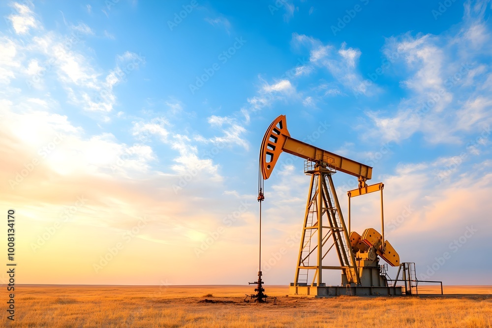 Close-up view of an active oil pump jack or derrick device extracting fossil fuel energy resources from a remote rural countryside landscape under a beautiful dramatic sunset sky with clouds. Close-up view of an active oil pump jack or derrick device extracting fossil fuel energy resources from a remote rural countryside landscape under a beautiful dramatic sunset sky with clouds.