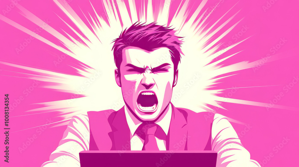 A man yells in frustration with his computer. A man yells in frustration with his computer.