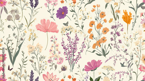 Watercolor Floral Pattern with Pink, Purple, and Orange Flowers, Delicate Botanical Illustration for Textile Design