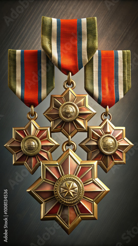 Set of Three Gold Military Medals with Stars and Red-Orange Ribbons