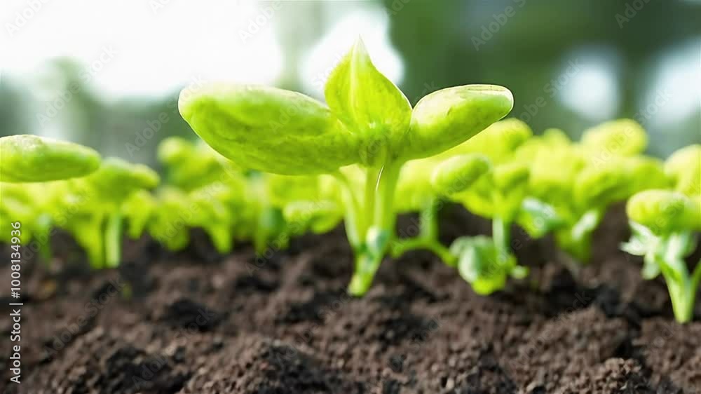 Close-Up of Vibrant Seedlings Emerging from Rich Soil in Lush Garden Setting