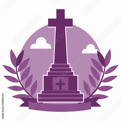 Purple Memorial Monument with Cross and Laurel Wreath to Honor Fallen Soldiers