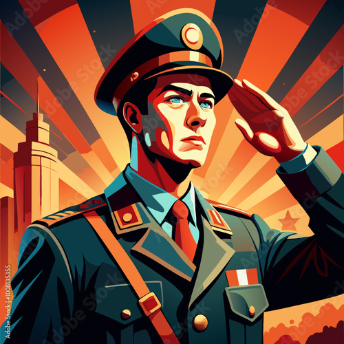 Artistic Portrait of a Military Officer Saluting in Ceremonial Uniform, Symbolizing Honor and Duty