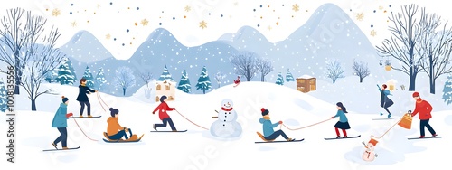 Flat vector illustration of people sledding down a hill, kids making snowmen, a happy winter scene with pastel colors and a simple design in a flat vector style on a white background.