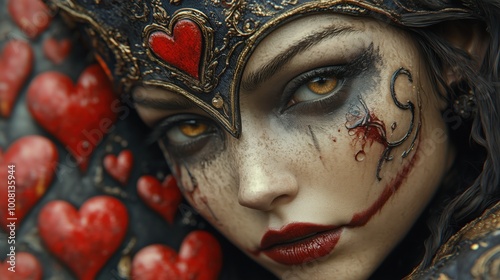 Gothic queen of hearts with elaborate face paint and crown photo