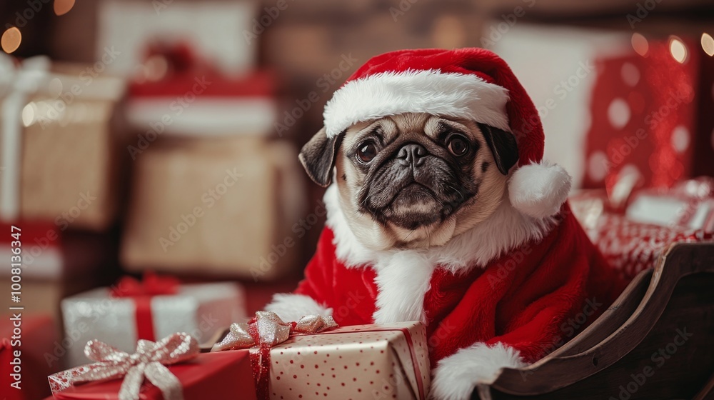 Pug Dressed as Santa Claus Sitting with Christmas Presents Pug Dressed as Santa Claus Sitting with Christmas Presents