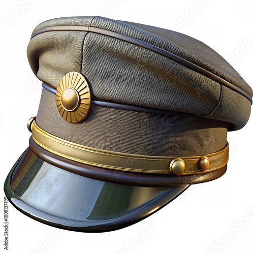 Classic Officer's Cap with Round Badge and Leather Strap, Side View