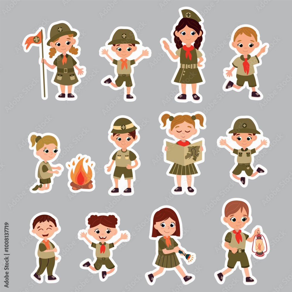 A set of stickers with scouts. Cheerful boy and girl scouts in different poses.
A set of stickers with scouts. Cheerful boy and girl scouts in different poses.