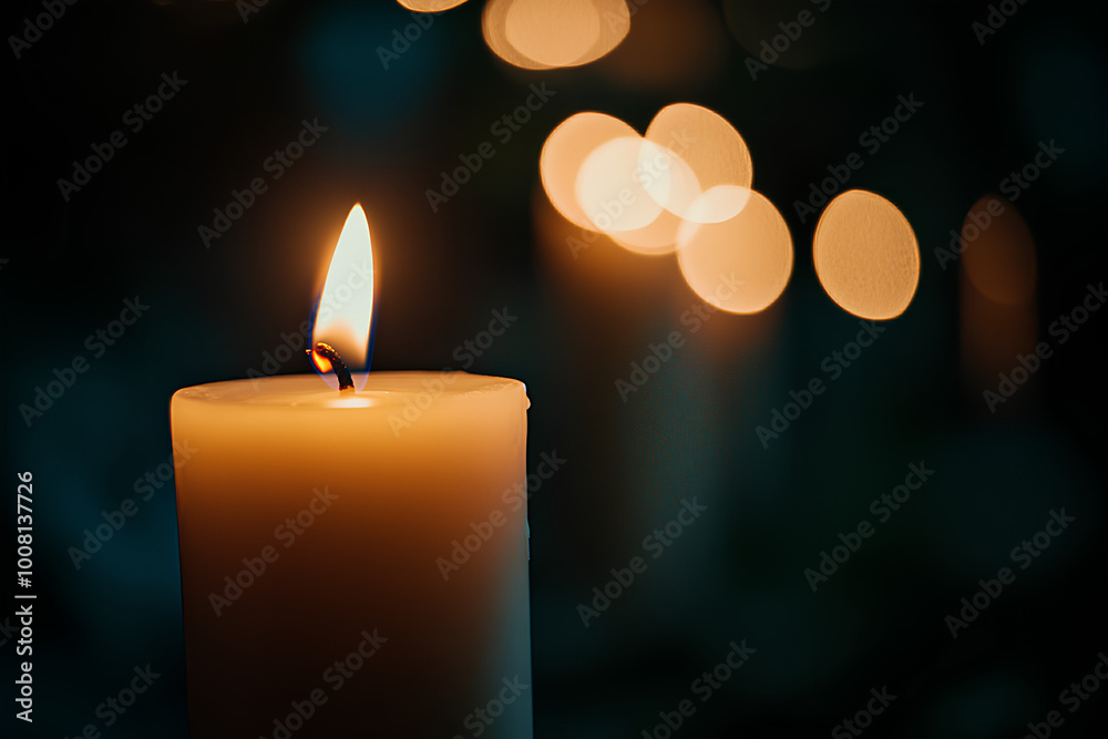Candles Burning at Night. White Candles Burning in the Dark with focus on single candle in foreground Candles Burning at Night. White Candles Burning in the Dark with focus on single candle in foreground