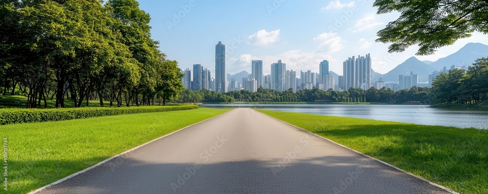 Asphalt road running alongside a lake garden, with tall city skyscrapers standing majestically in the background, blending nature and urban life Asphalt road running alongside a lake garden, with tall city skyscrapers standing majestically in the background, blending nature and urban life