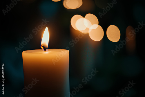 Candles Burning at Night. White Candles Burning in the Dark with focus on single candle in foreground