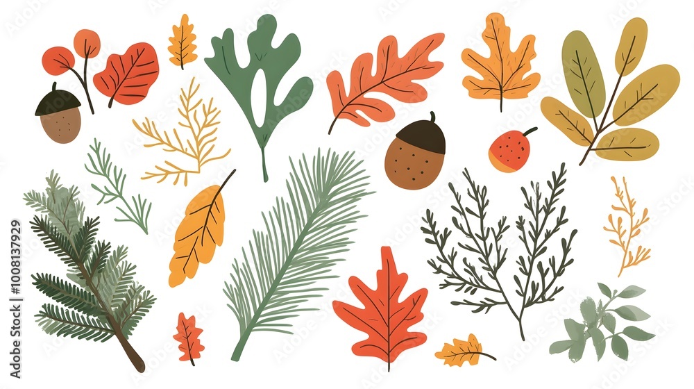Autumn leaves, acorns, and evergreen branches vector illustration on a white background. Flat cartoon design of fall season elements for a greeting card or decoration. Autumn leaves, acorns, and evergreen branches vector illustration on a white background. Flat cartoon design of fall season elements for a greeting card or decoration.