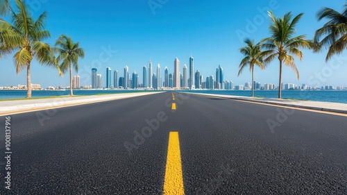 Wallpaper Mural Empty highway with clean asphalt, skirting a tranquil lake garden, with towering skyscrapers of a city skyline in the background Torontodigital.ca