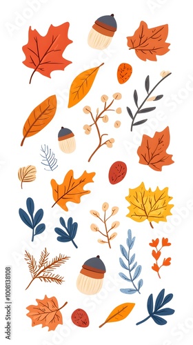 Autumn leaves, acorns, and evergreen branches vector illustration on a white background. Flat cartoon design of fall season elements for a greeting card or decoration.