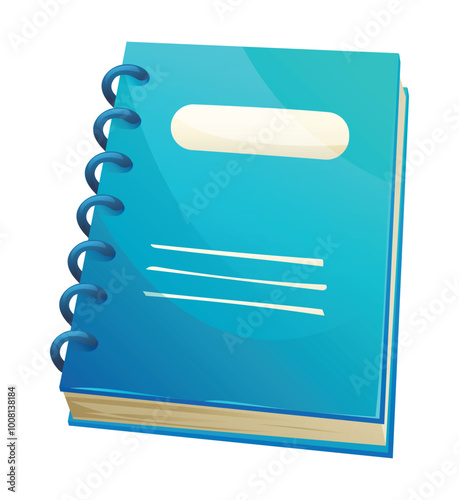 Blue spiral notebook with blank label and cover, commonly used for school. Vector cartoon illustration