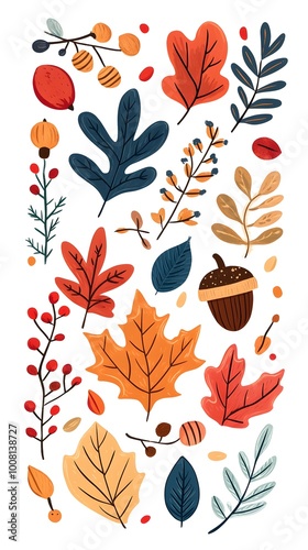 Autumn leaves, acorns, and evergreen branches vector illustration on a white background. Flat cartoon design of fall season elements for a greeting card or decoration.
