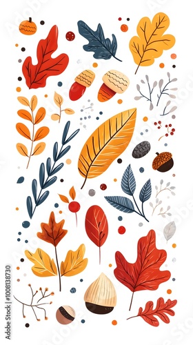 Autumn leaves, acorns, and evergreen branches vector illustration on a white background. Flat cartoon design of fall season elements for a greeting card or decoration.