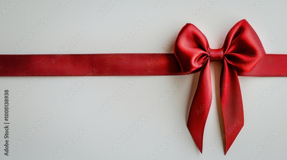 A vibrant red satin ribbon tied into a neat bow, elegantly displayed on a white background, showcasing its glossy texture and festive charm A vibrant red satin ribbon tied into a neat bow, elegantly displayed on a white background, showcasing its glossy texture and festive charm
