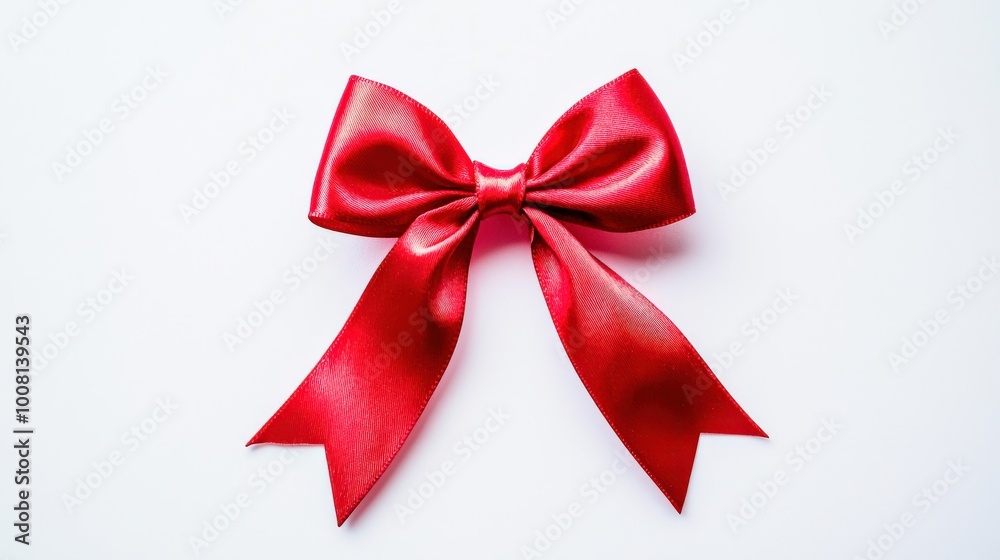 A vibrant red satin ribbon tied into a neat bow, elegantly displayed on a white background, showcasing its glossy texture and festive charm A vibrant red satin ribbon tied into a neat bow, elegantly displayed on a white background, showcasing its glossy texture and festive charm