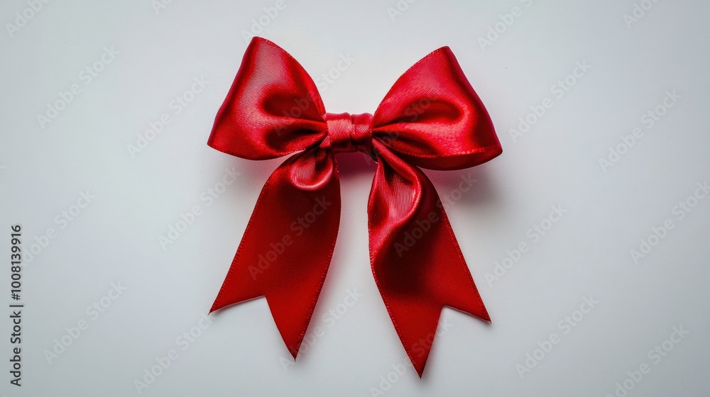 A vibrant red satin ribbon tied into a neat bow, elegantly displayed on a white background, showcasing its glossy texture and festive charm A vibrant red satin ribbon tied into a neat bow, elegantly displayed on a white background, showcasing its glossy texture and festive charm