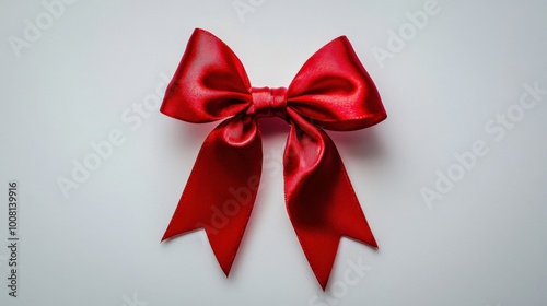 A vibrant red satin ribbon tied into a neat bow, elegantly displayed on a white background, showcasing its glossy texture and festive charm