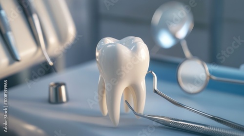 A dental setting featuring a realistic tooth model and dental instruments.