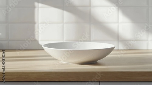 A simple white bowl on a wooden countertop against a tiled wall, illuminated by natural light.