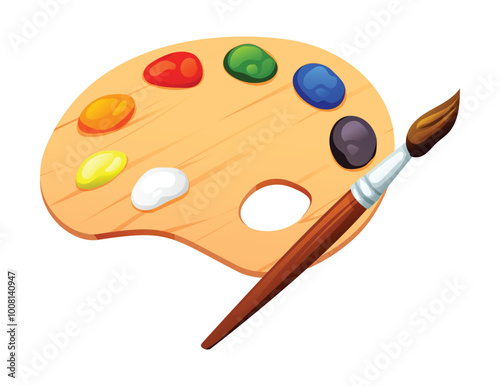 Wooden paint palette with colors and a paintbrush. Vector cartoon illustration